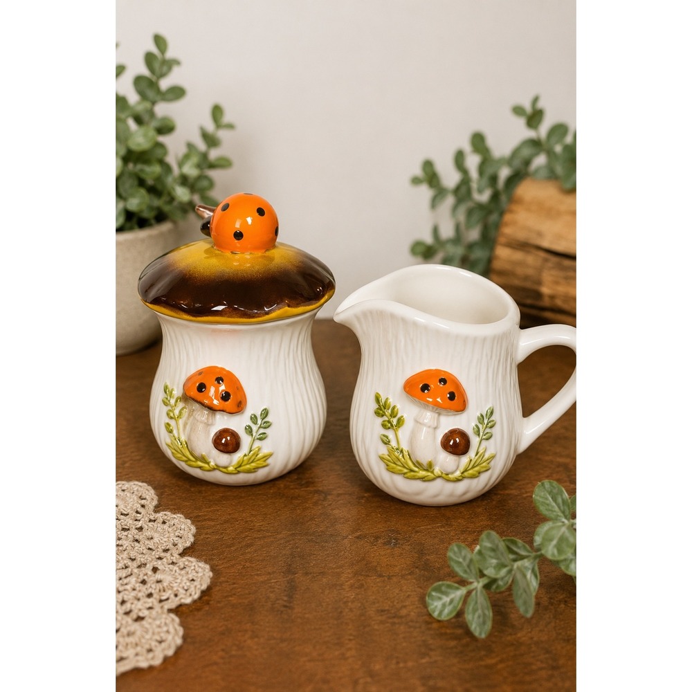 Vintage Laurentian Pottery Canada Mushroom Creamer Sugar Bowl Cottagecore